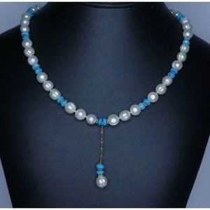 Very Classy Necklace With Blue & White Beads & Center Drop